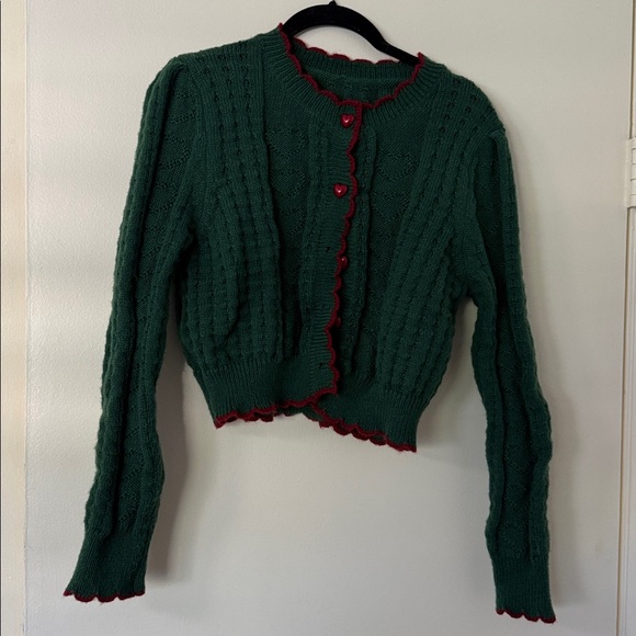 Green Cardigan Sweater with Red Trim - Picture 4 of 7